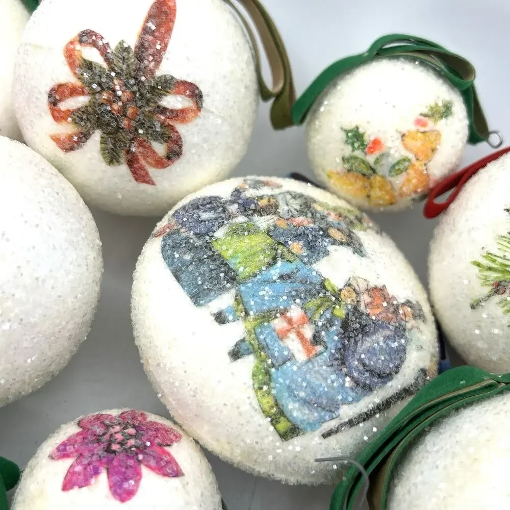 Set 18 Sugar Coated Frosted Christmas Tree Ornaments Retro 1960s Day Glo Kitsch